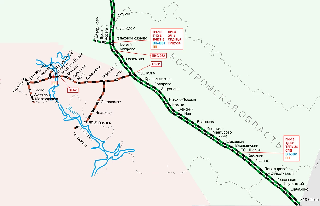 Карта-схема ж/д дорог Костромской области и все станции РЖД в регионе по  пригородным направлениям из г. Кострома