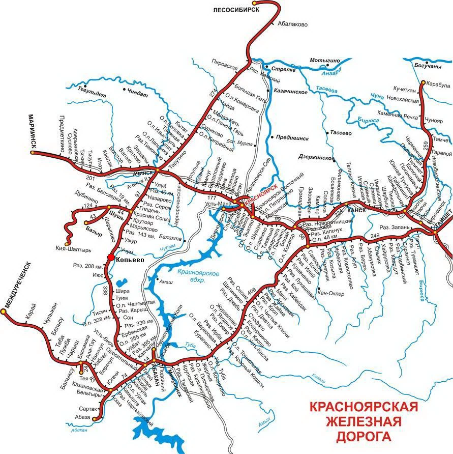 Карта-схема ж/д дорог Красноярского края и все станции РЖД в регионе по  пригородным направлениям из г. Красноярск