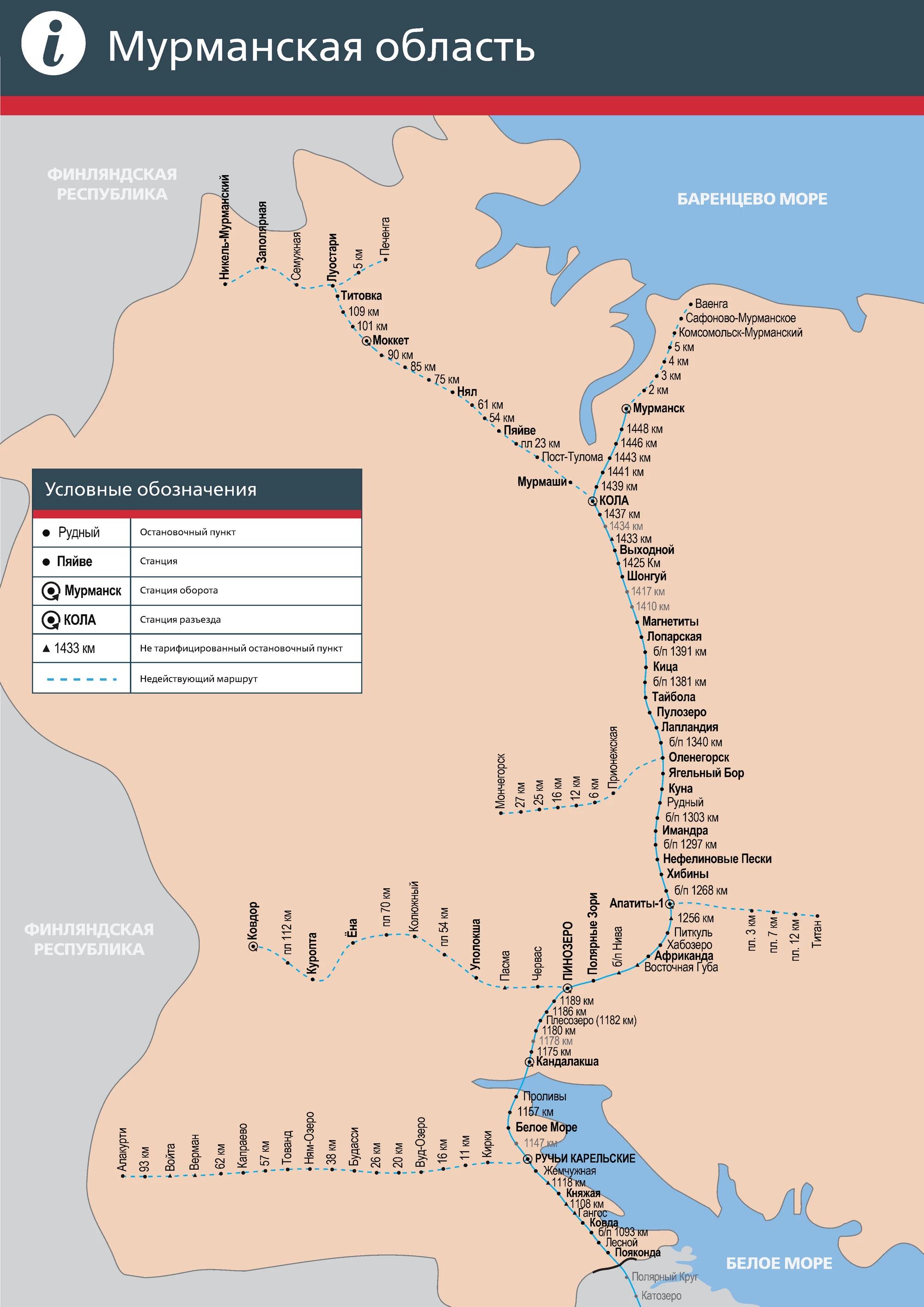 Карта-схема ж/д дорог Мурманской области и все станции РЖД в регионе по  пригородным направлениям из г. Мурманск