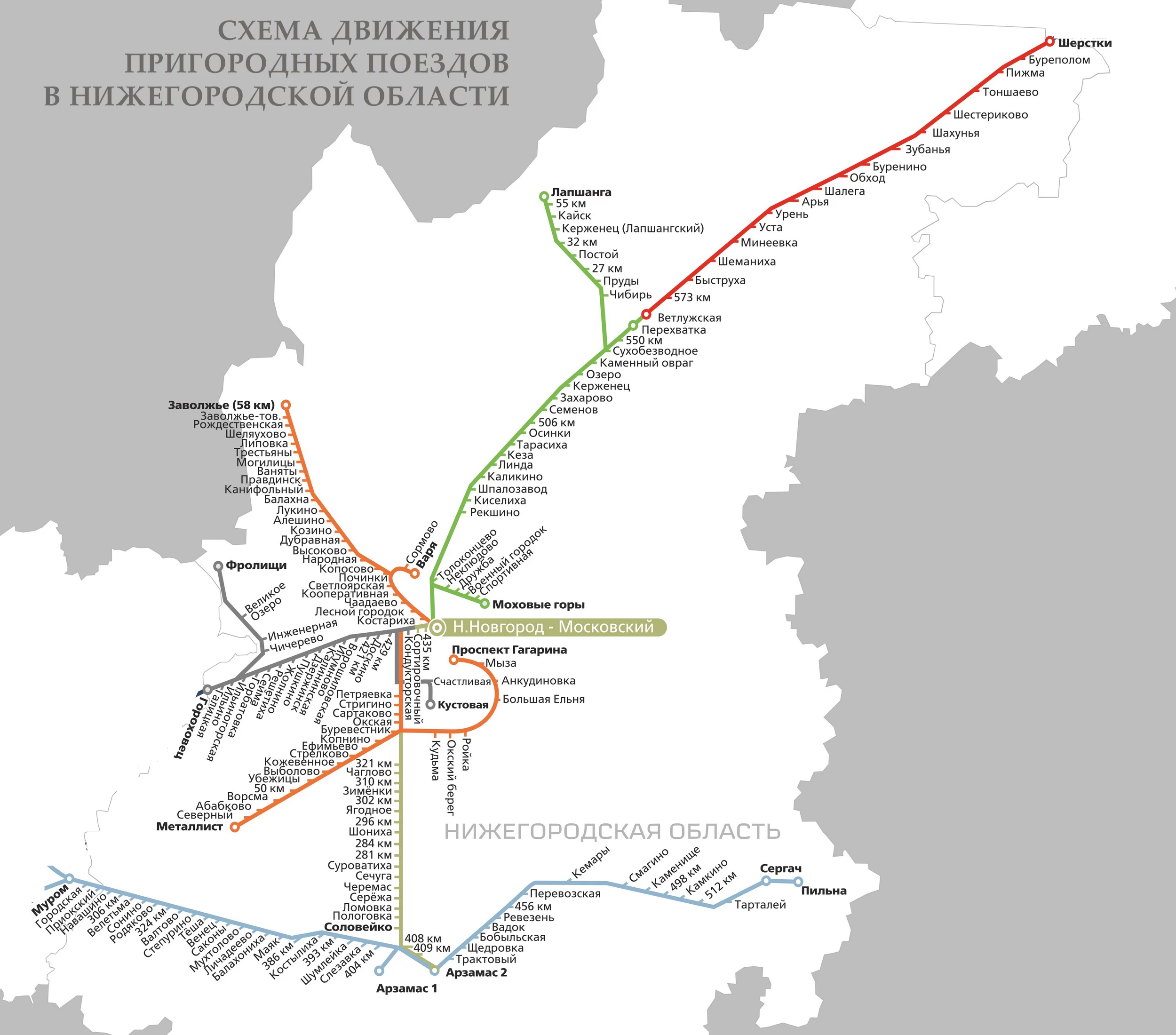 Карта-схема ж/д дорог Нижегородской области и все станции РЖД в регионе по  пригородным направлениям из г. Нижний Новгород