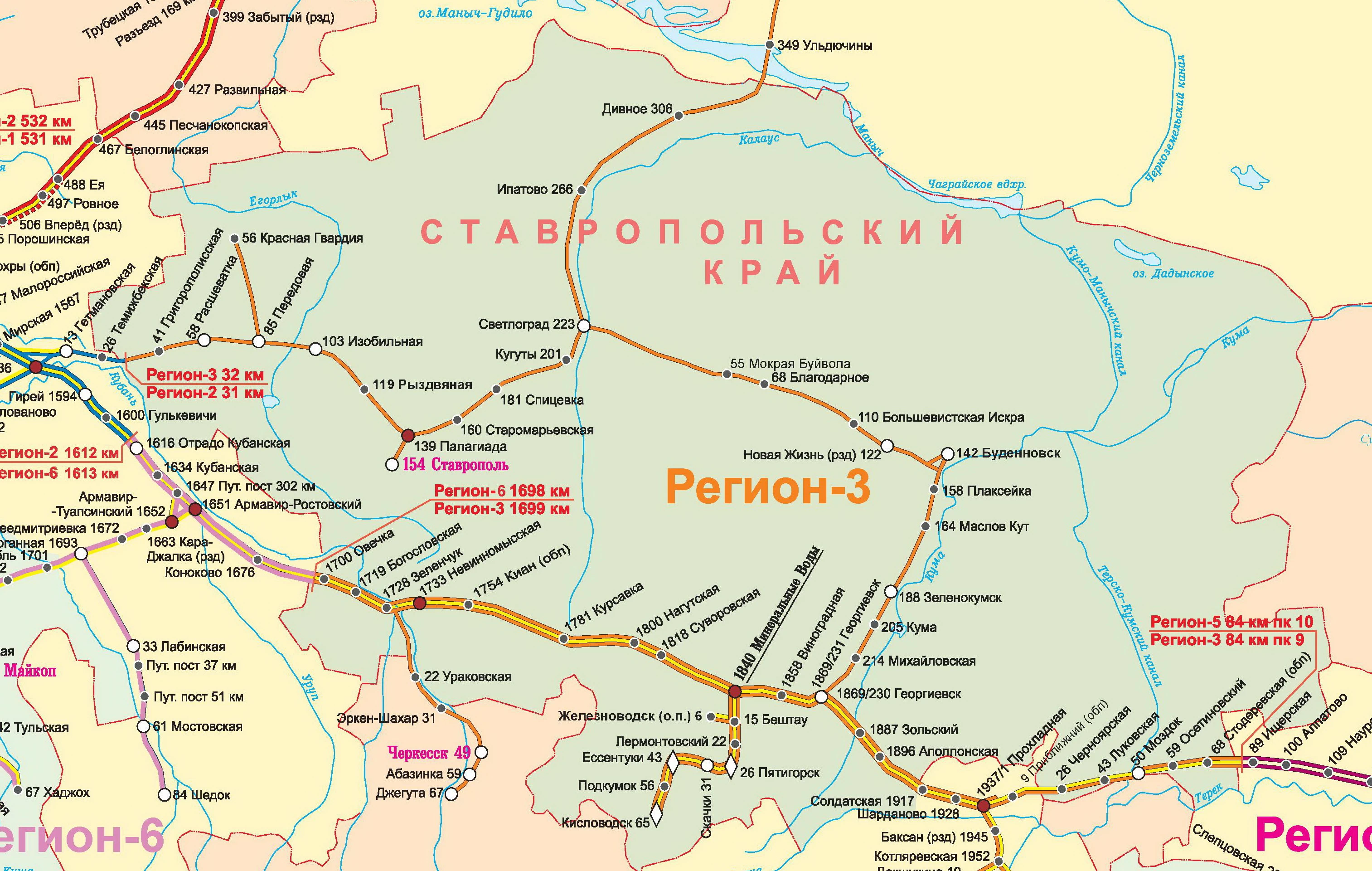 Карта-схема ж/д дорог Ставропольского края и все станции РЖД в регионе по  пригородным направлениям из г. Ставрополь