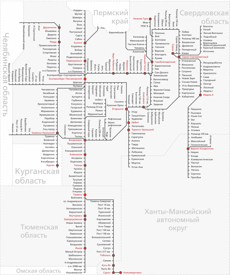 Карта-схема ж/д дорог Свердловской области и все станции РЖД в регионе по  пригородным направлениям из г. Екатеринбург