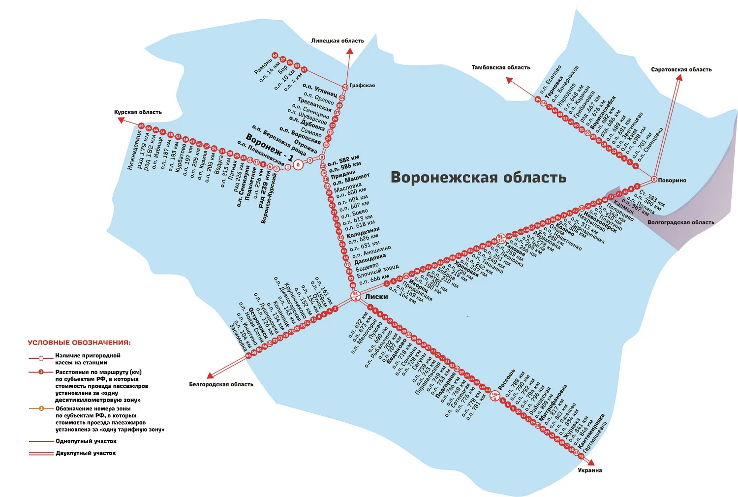 Карта-схема ж/д дорог Воронежской области и все станции РЖД в регионе по  пригородным направлениям из г. Воронеж